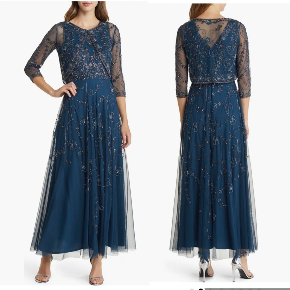 Pisarro Nights Beaded Mesh Gown with Jacket Sapphire Blue